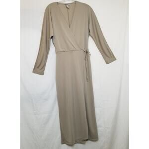 H&M Beige Stretch Knit Pencil Faux Wrap Dress Long Sleeve Maxi Length Size S